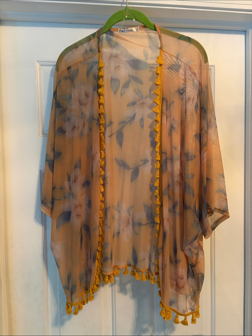 Heart & Hips Sheer Beige Floral Kimono with Blue Print and Mustard Tassels